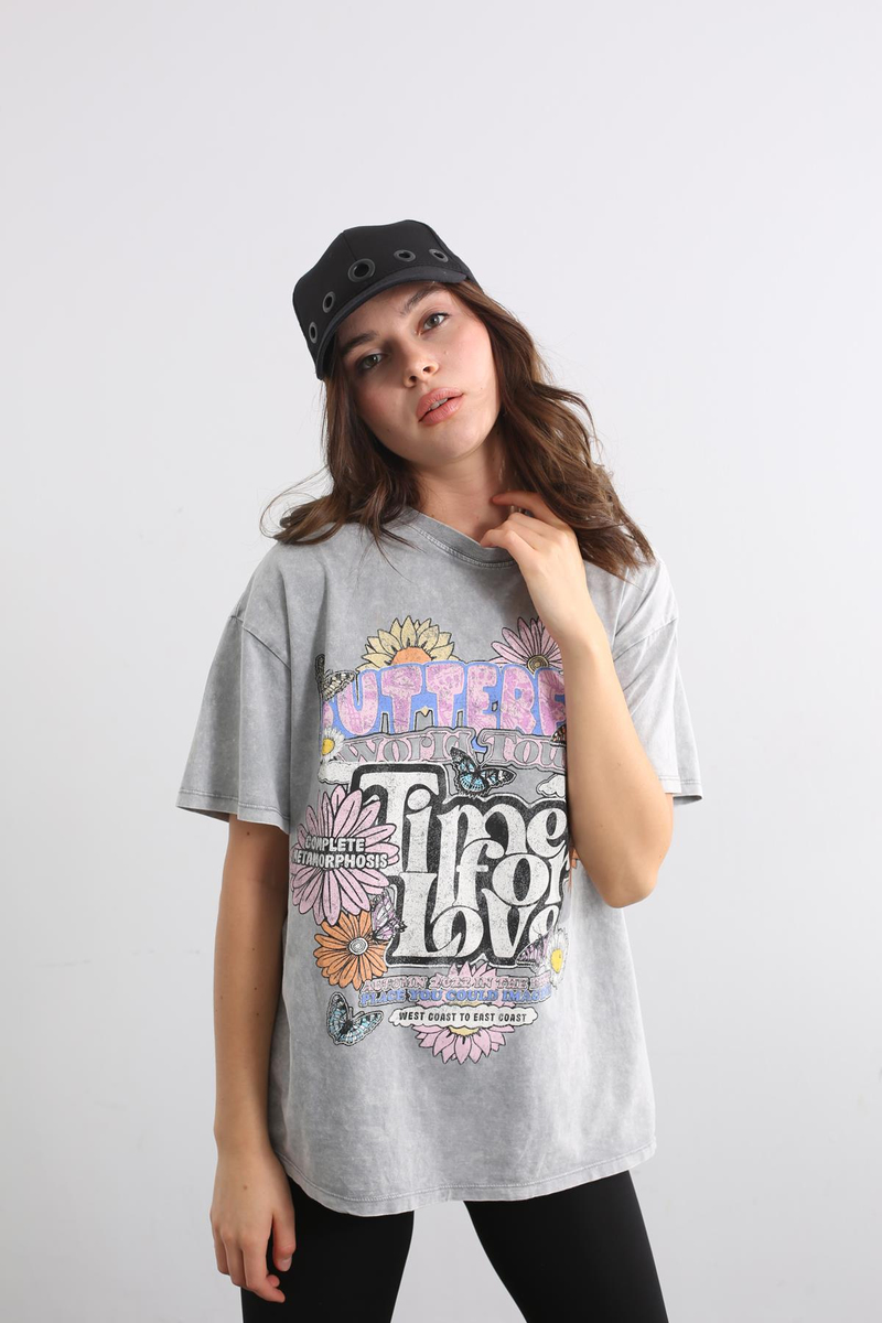 Gri Bisiklet Yaka Baskılı Tshirt 