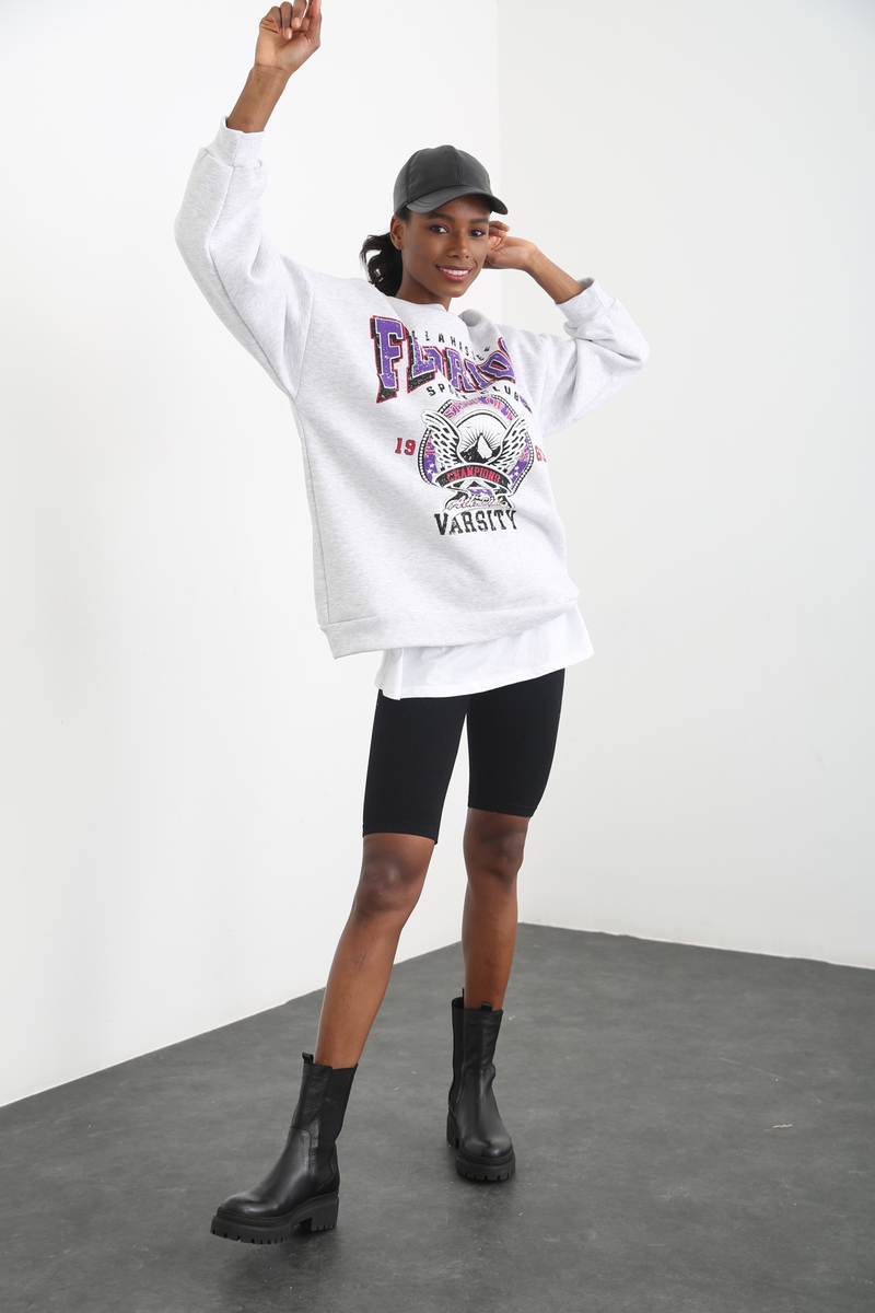 Gri Florida Baskılı Şardonlu Sweatshirt 