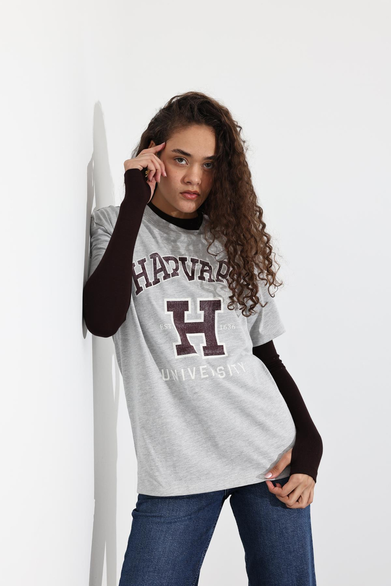 Gri Harvard Baskılı Tişört 