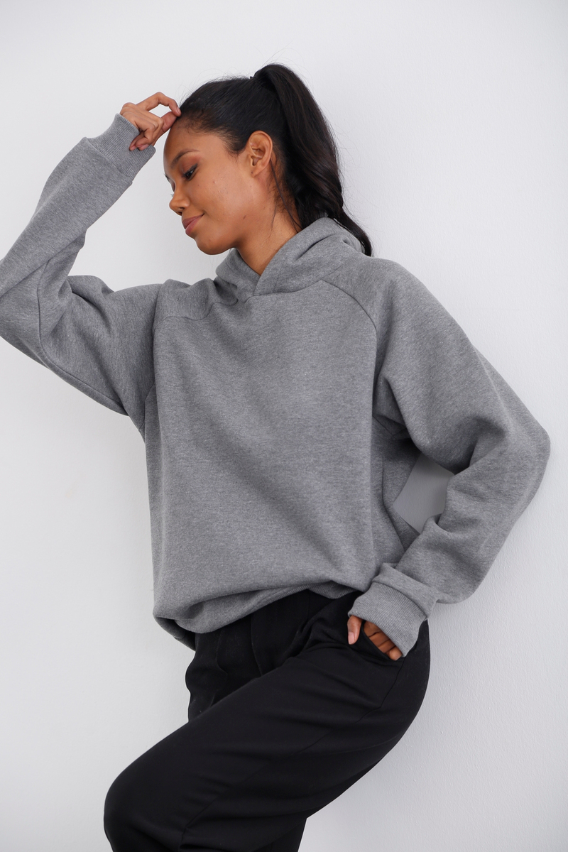 Gri Kapüşonlu Şardonlu Sweatshirt 