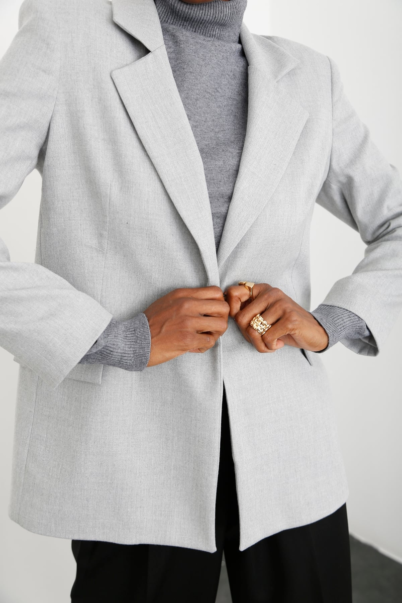 Gri Tek Düğme Blazer Ceket 7010