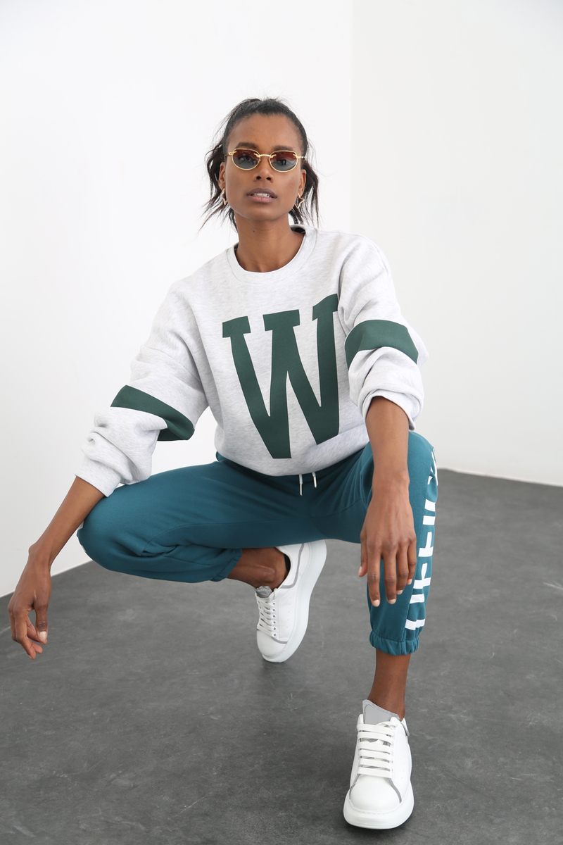 Gri W Baskılı Şardonlu Sweatshirt 