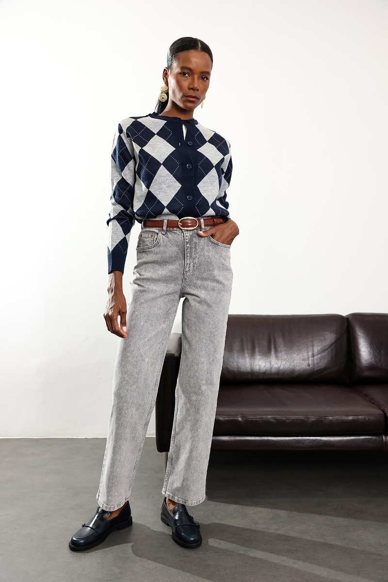 Gri Yüksek Bel Straight Jean 