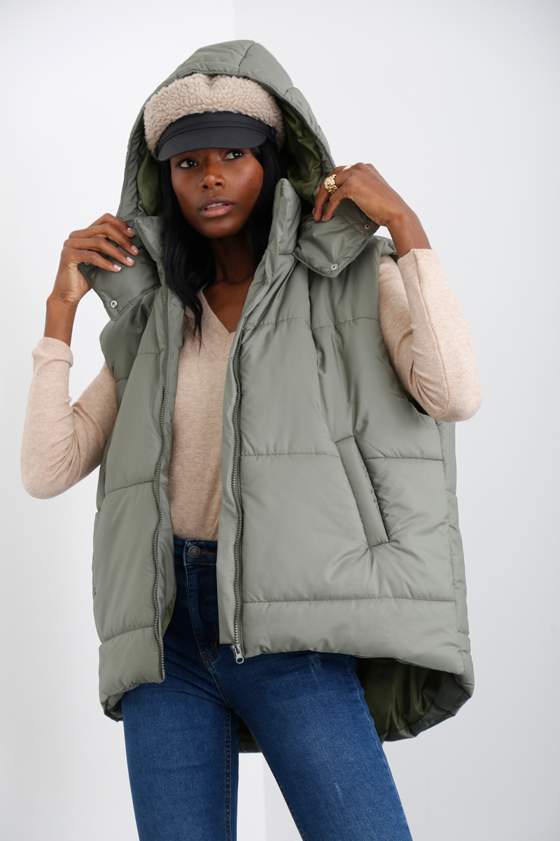 Haki Kapüşonlu Oversize Şişme Yelek 59004