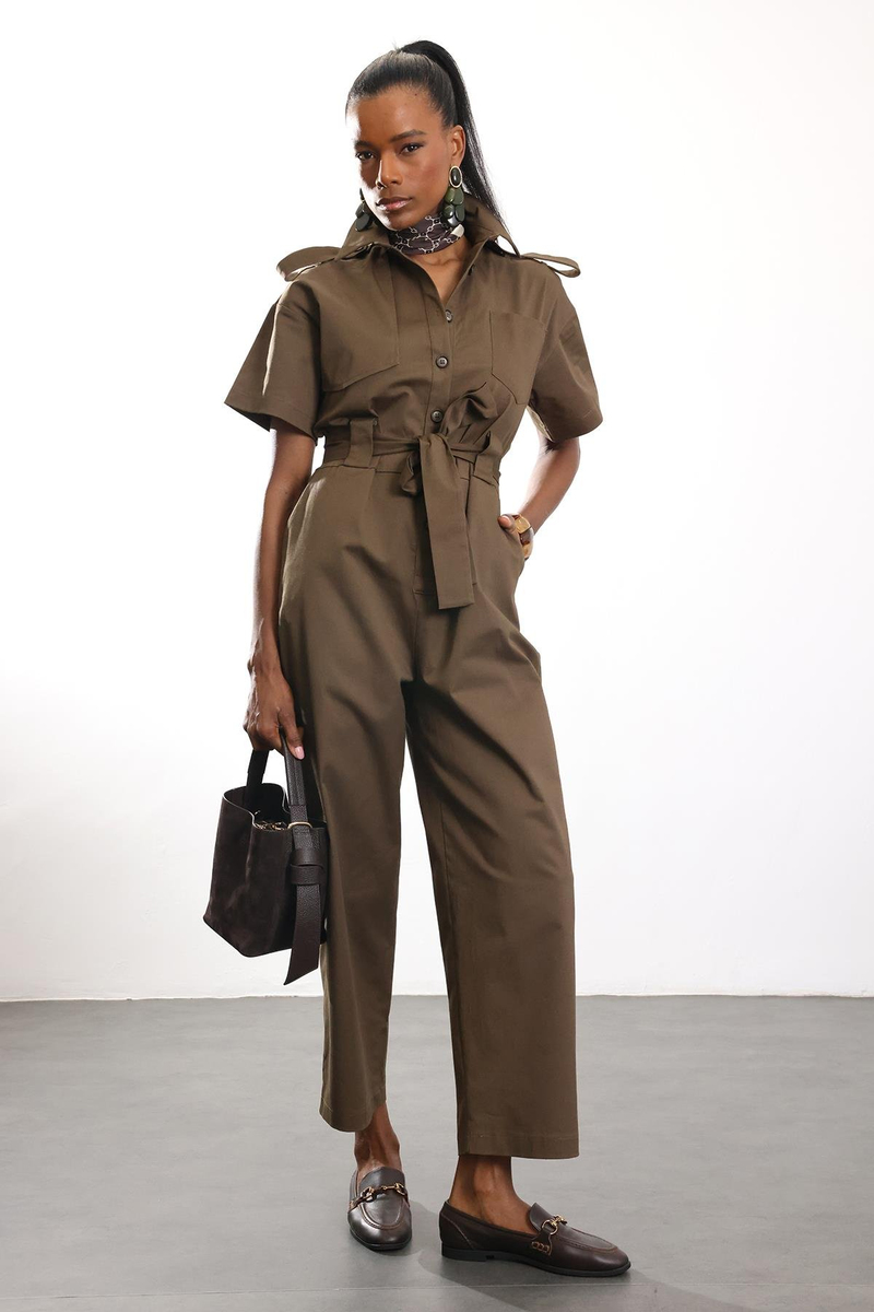 Haki Kuşaklı Önü Düğmeli Tulum 9535