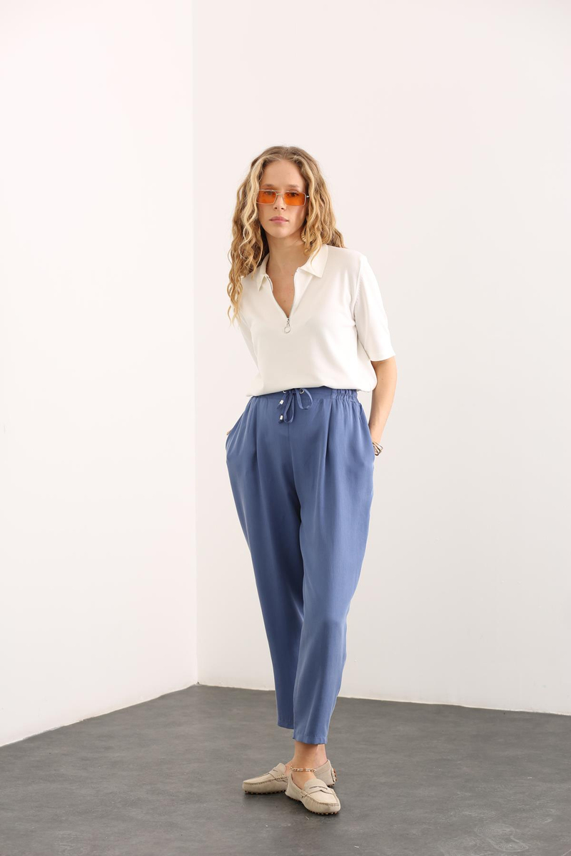 indigo Beli Lastikli Tencel Pantolon 1548