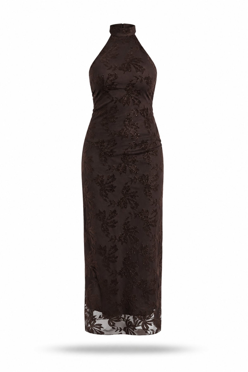 Kahverengi Boyundan Bağlamalı Desenli Elbise 00904