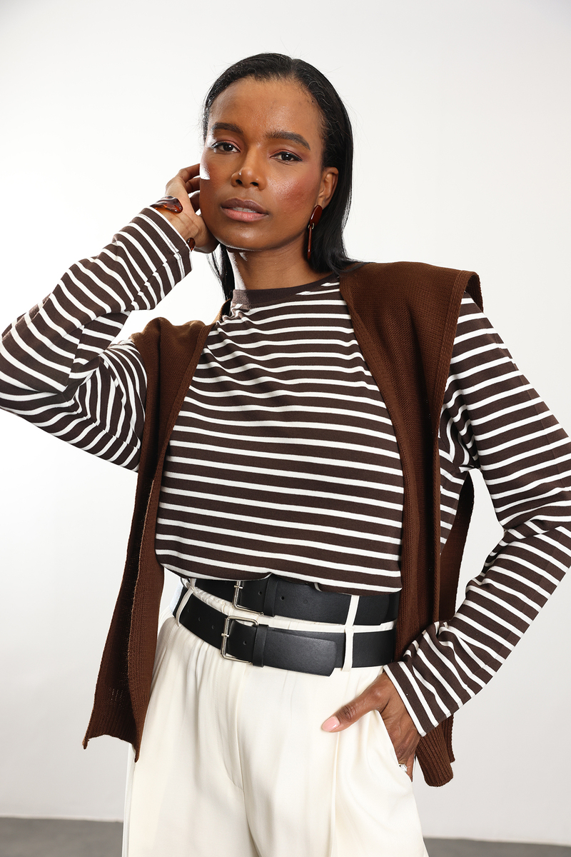 Kahverengi Çizgili Uzun Kollu Tişört 0197