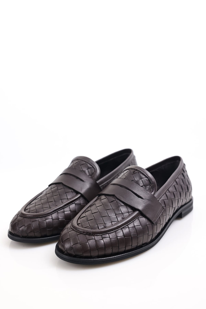 Kahverengi Deri Örgü Loafer 43702