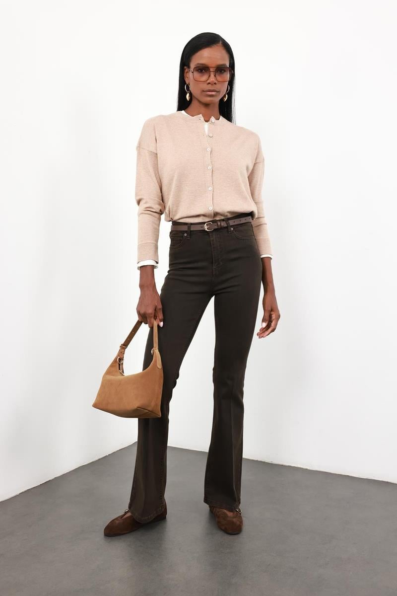 Kahverengi Full Likra Toparlayan Flare Jean 7578