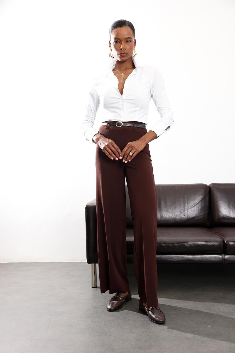 Kahverengi Kemerli Likralı Palazzo Pantolon 9150