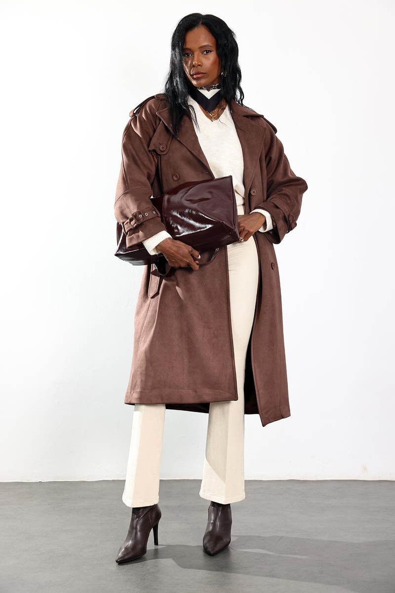 Kahverengi Kruvaze Yaka Süet Kaban 9608