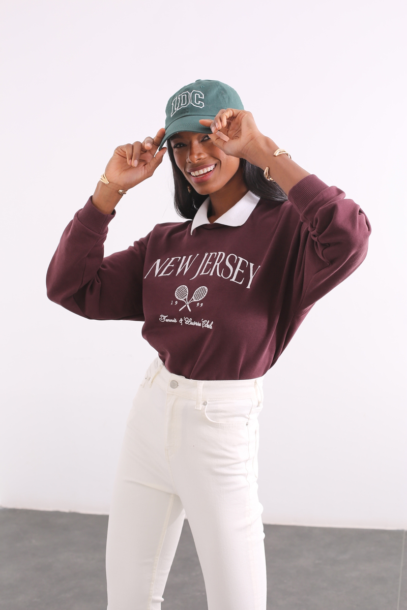 Kahverengi New Jersey Nakışlı Sweatshirt 