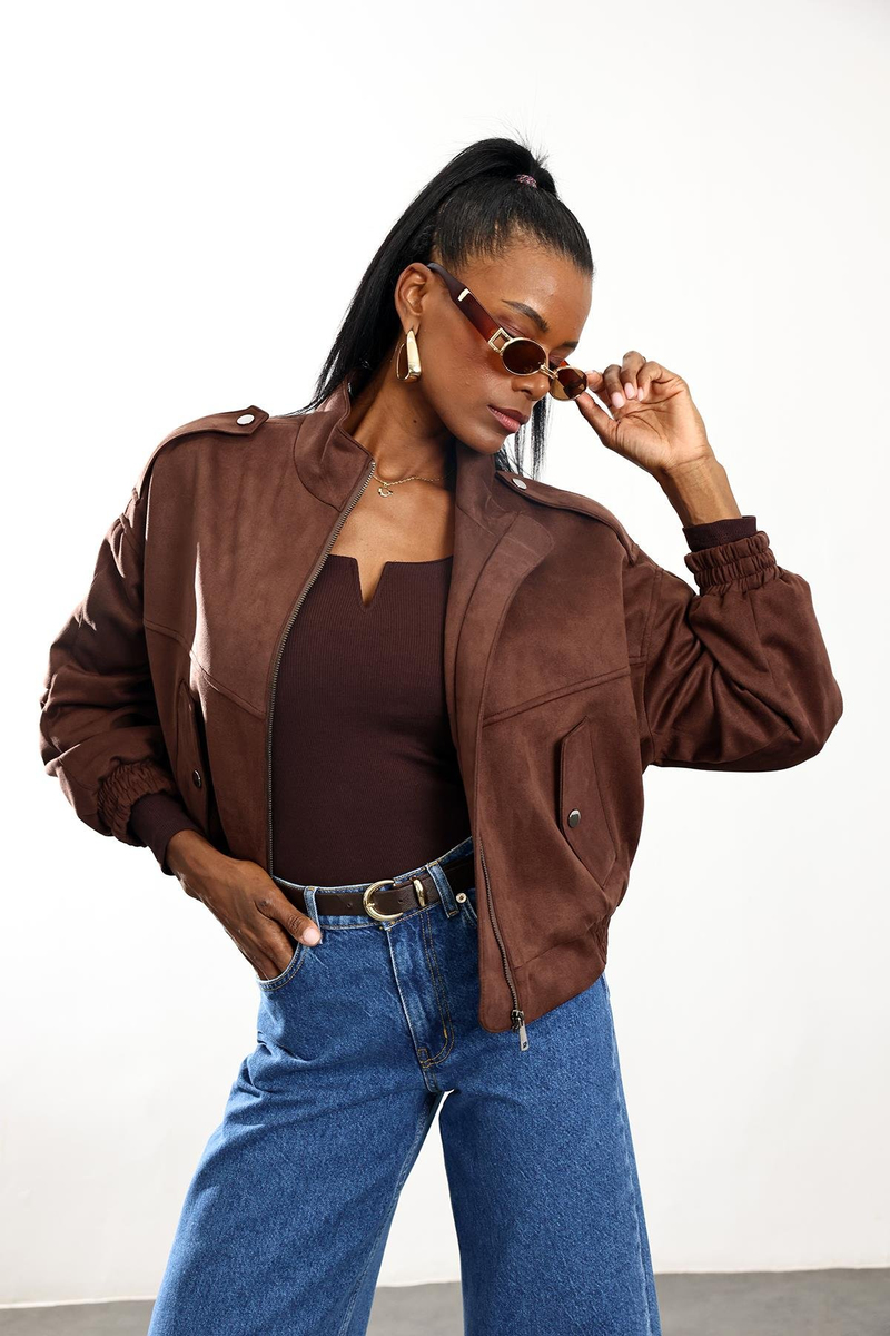 Kahverengi Süet Bomber Ceket D99806