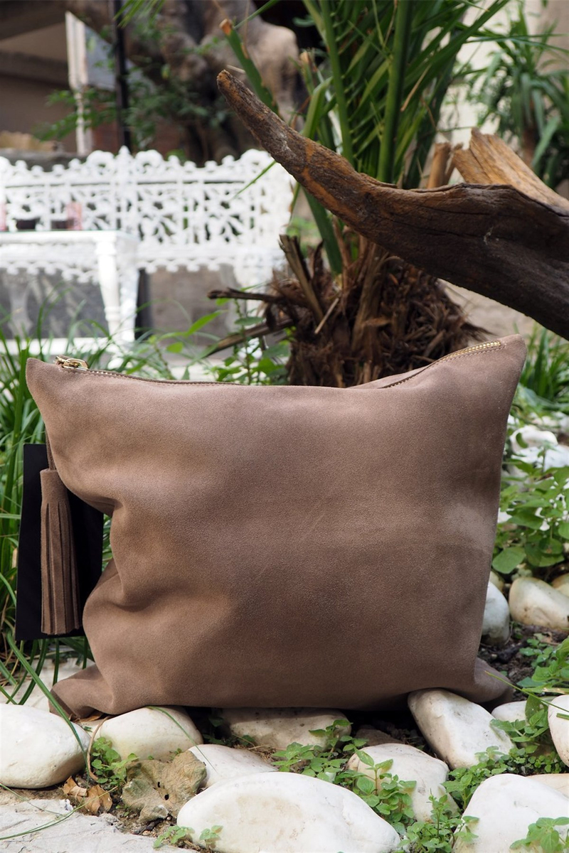 Kahverengi Sütlü Kahve Süet Deri Clutch