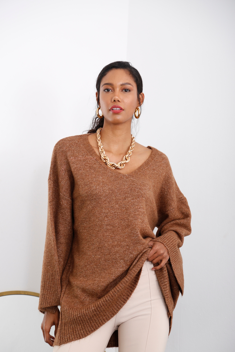 Kahverengi V Yaka Oversize Triko 5616