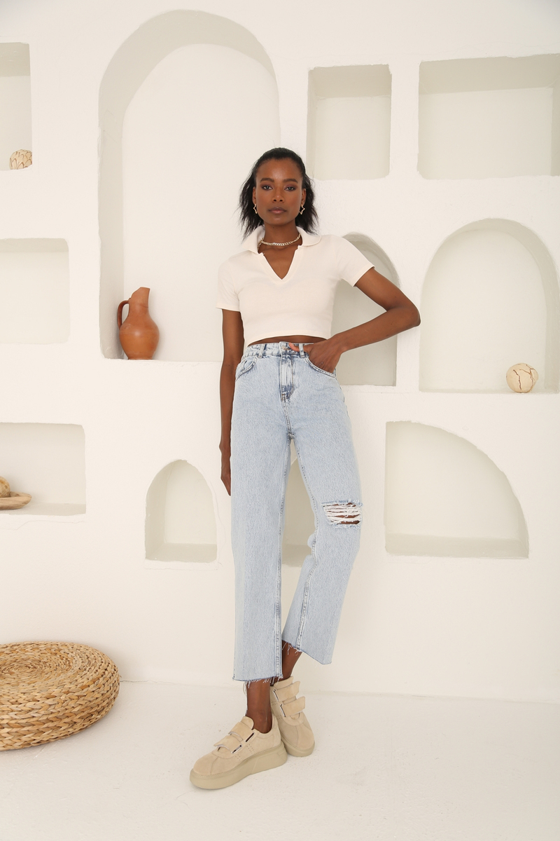 Kar Yıkamalı Yüksek Bel Yırtıklı Boyfit Jean 21354