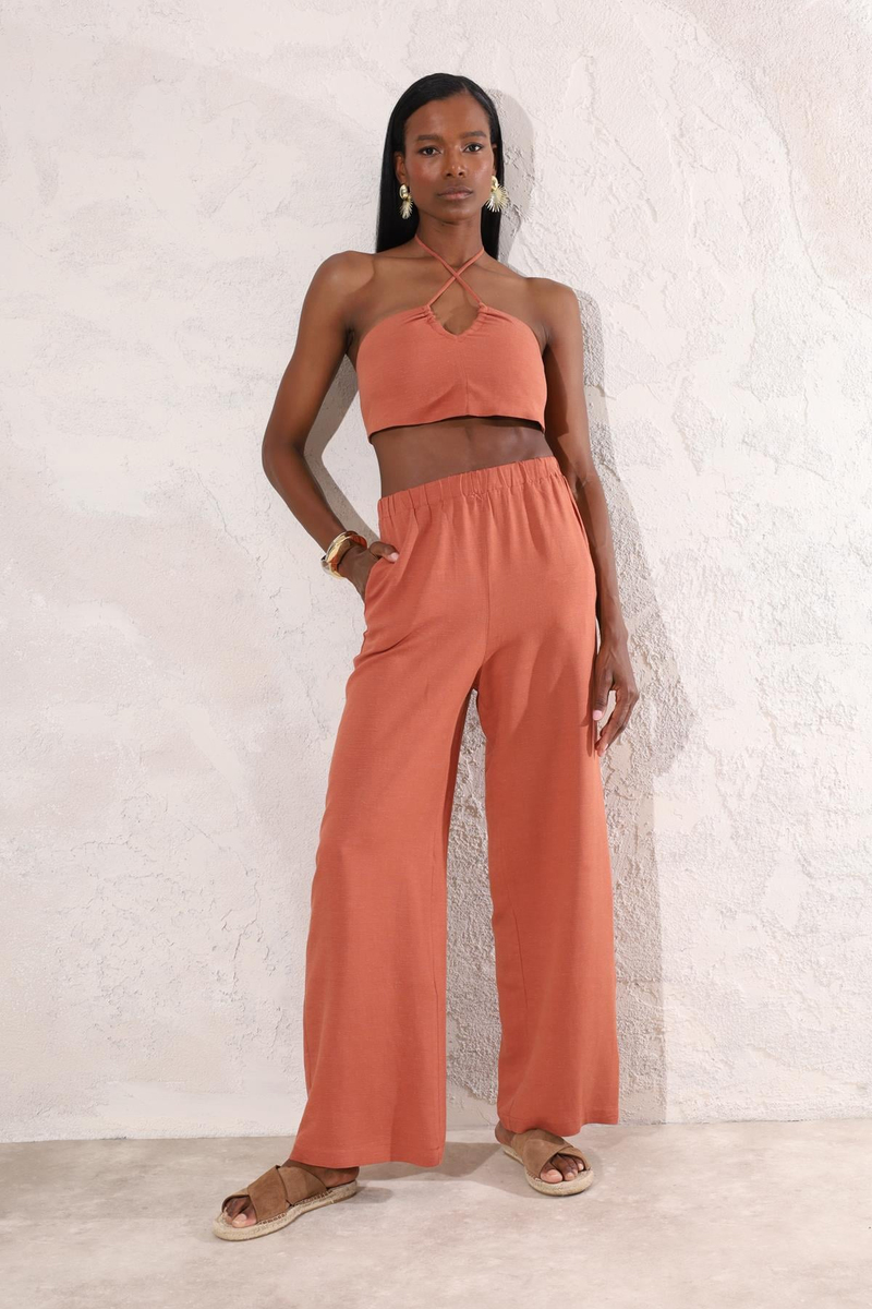 Kiremit Boyundan Bağlamalı Crop Pantolon Takım 1238