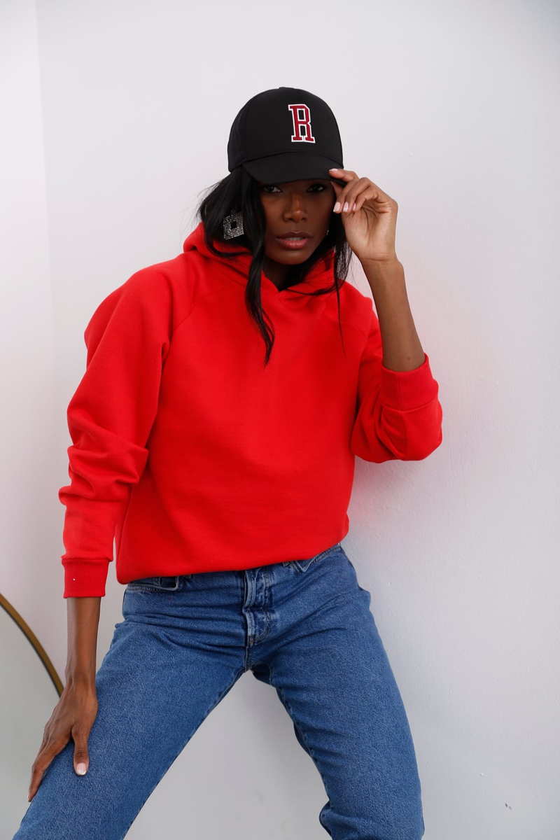 Kırmızı Kapüşonlu Şardonlu Sweatshirt 