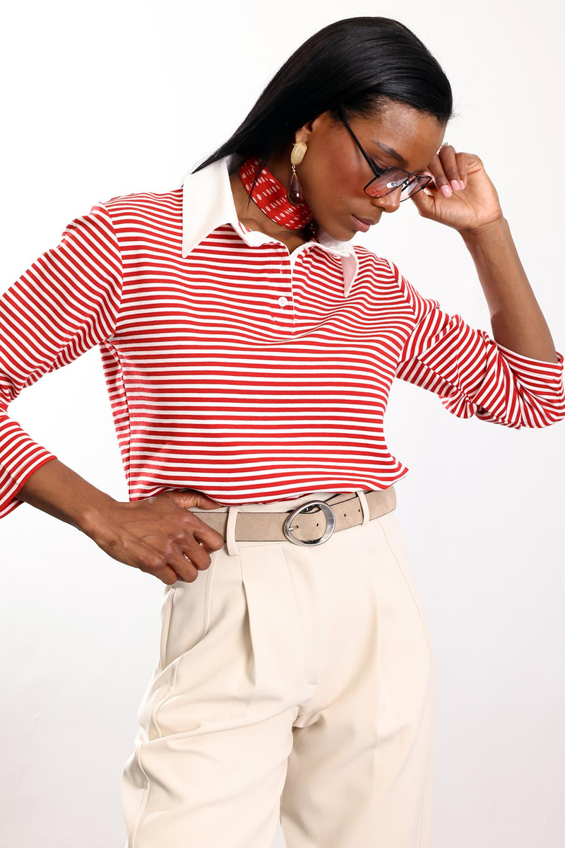 Kırmızı Polo Yaka Çizgili Uzun Kol Sweatshirt 