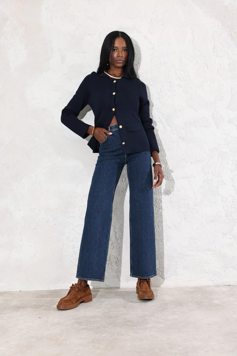 Koyu Lacivert Yüksek Bel Wide Leg Jean 