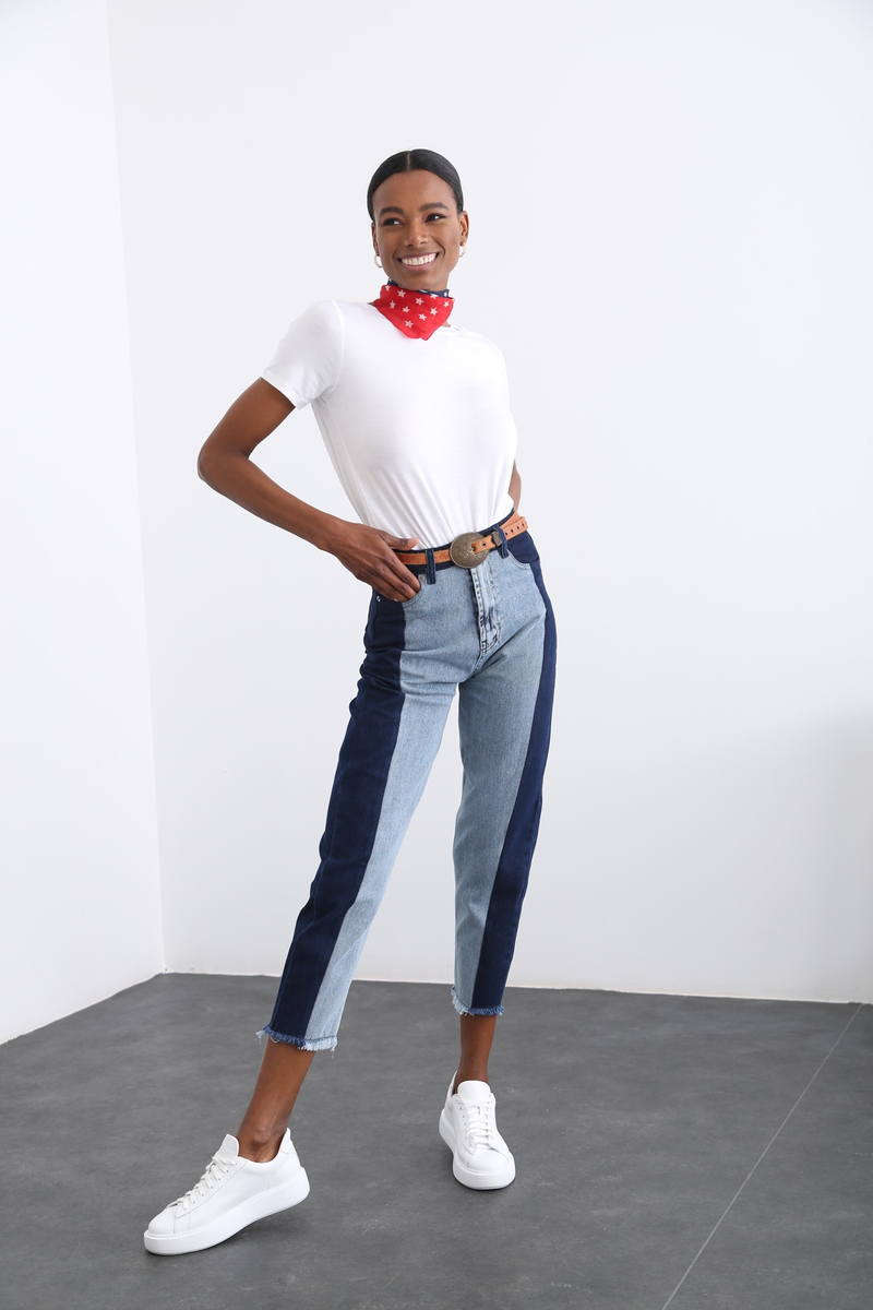 Lacivert Blok Desenli Jean 6803