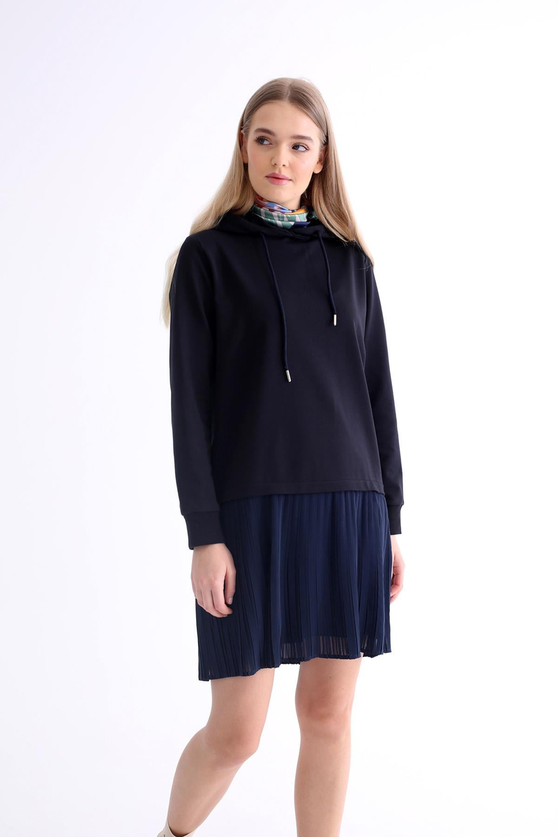 Lacivert Etek Ucu Tül Detaylı Sweatshirt Elbise 22225