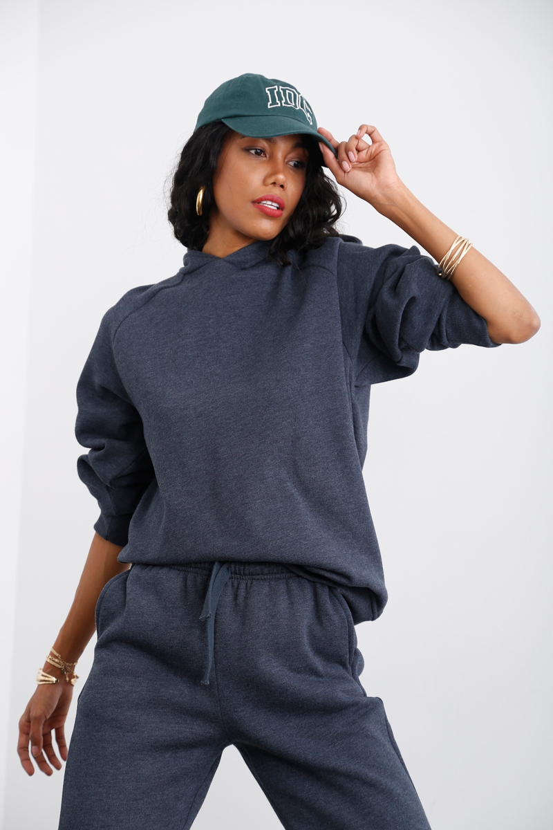 Lacivert Kapüşonlu Şardonlu Sweatshirt 
