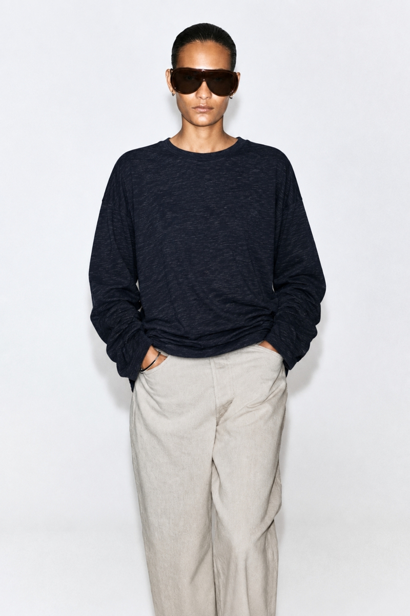 Lacivert Kendinden Dokulu Oversize Bluz 27377