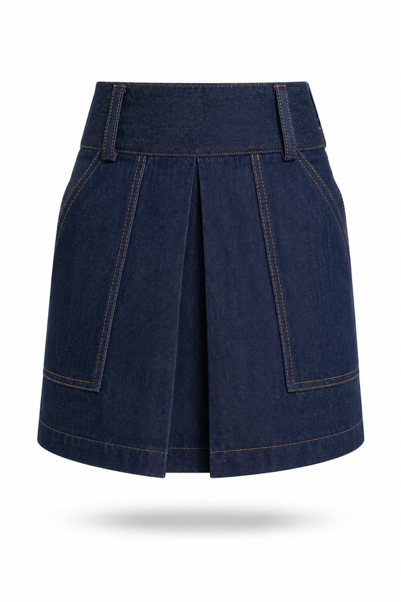 Lacivert Kontrast Dikişli Pileli Denim Etek 4531