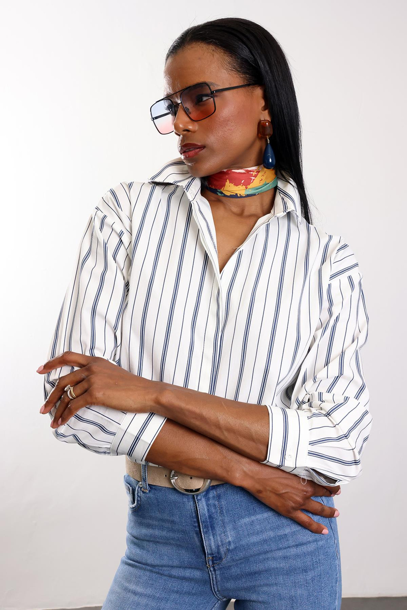 Lacivert Regular Fit Çizgili Gömlek 