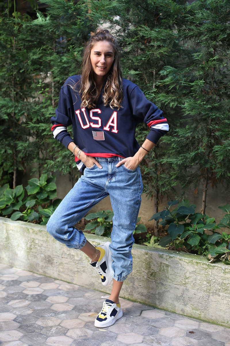 Lacivert Yakası Fermuarlı USA Sweatshirt