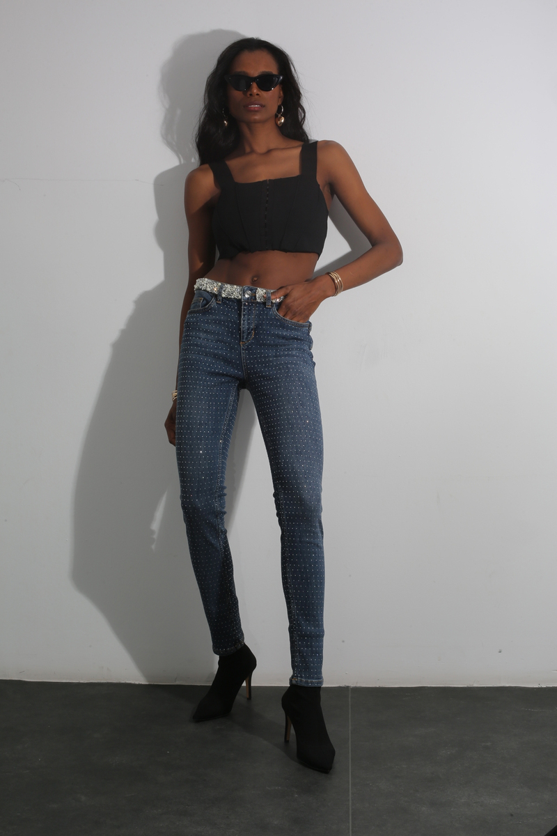 Lacivert Yüksek Bel İnci Detaylı Slim Fit Jean 