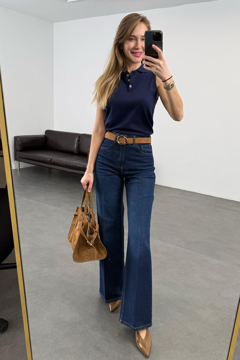 Lacivert Yüksek Bel Wide Leg Jean 