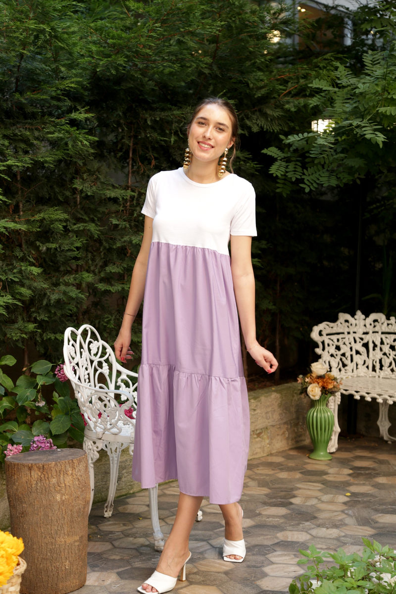 Lila Geniş Yaka Penye Poplin Elbise 3177
