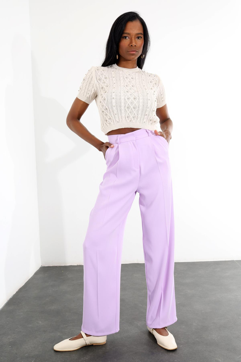 Lila Pile Detaylı Palazzo Pantolon 1506