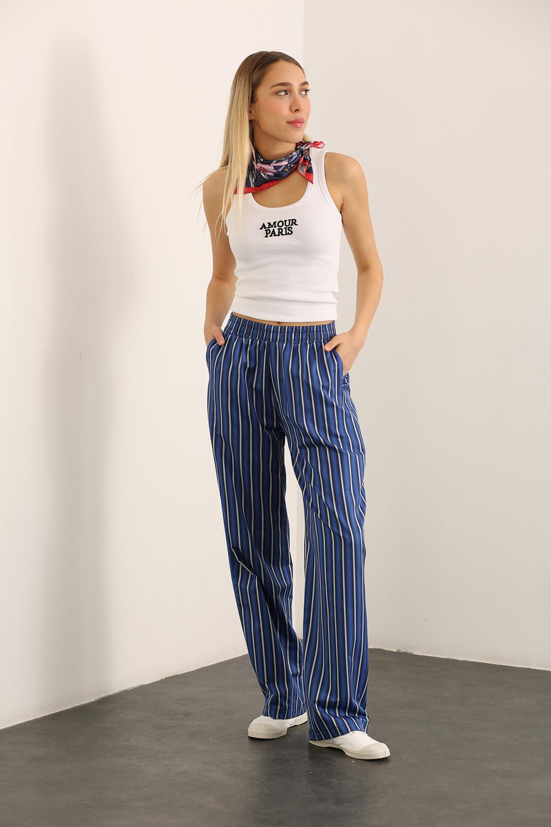 Mavi Beli Lastikli Çizgili Pantolon 231008