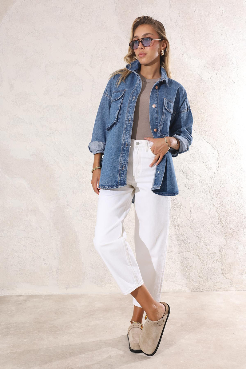 Mavi Kapak Cepli Oversize Kot Ceket 