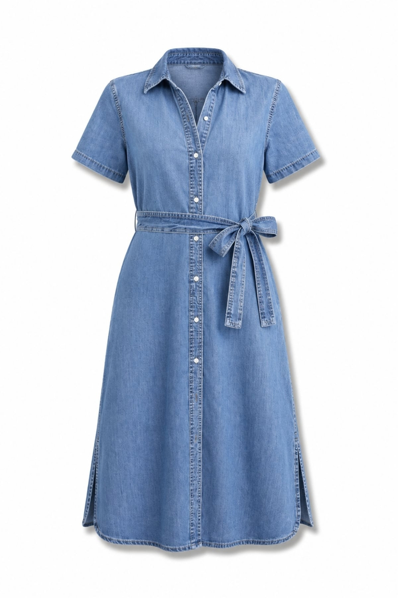 Mavi Kuşaklı Denim Gömlek Elbise 