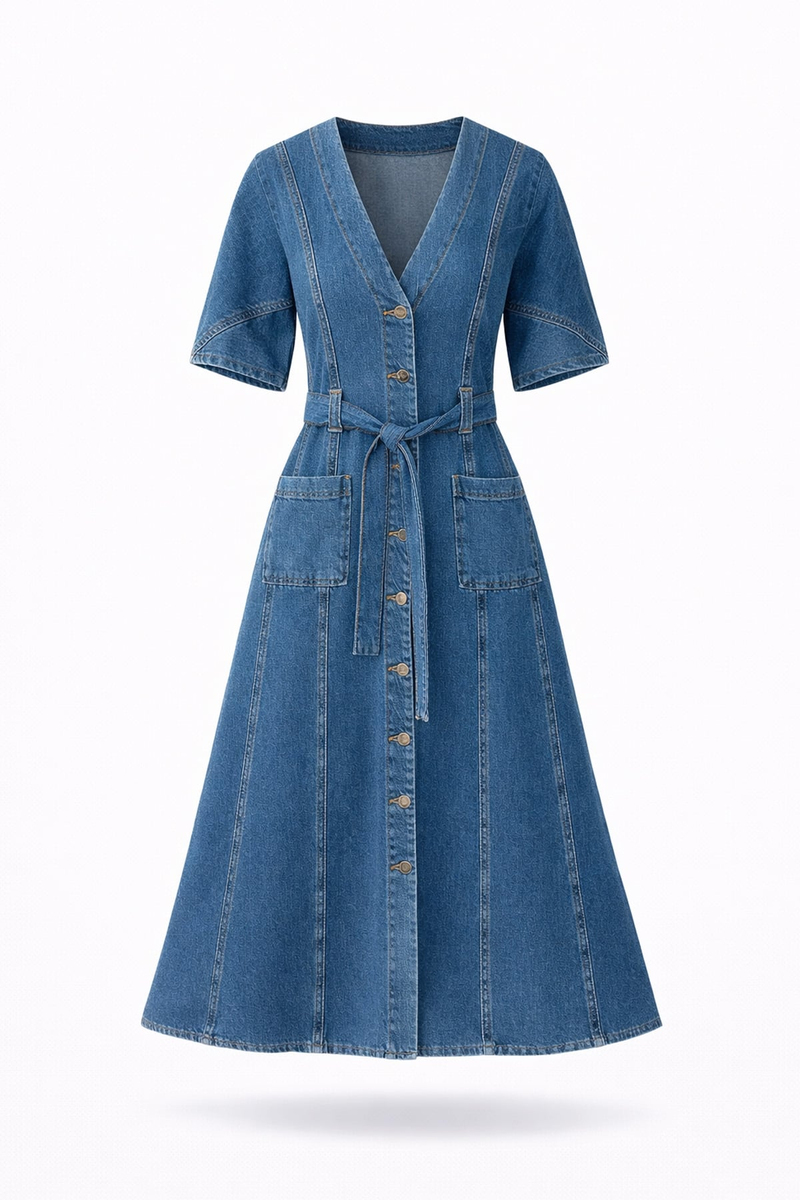 Mavi Kuşaklı V Yaka Denim Western Elbise 