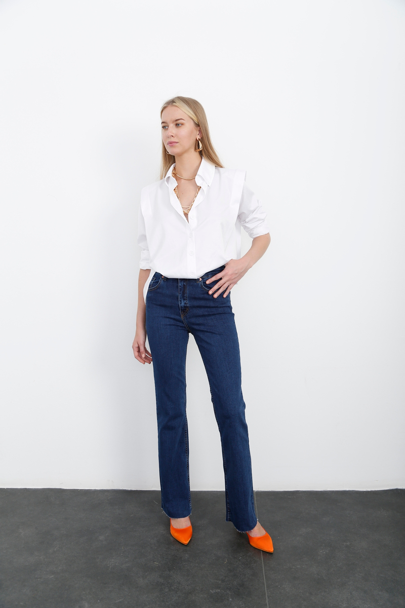 Mavi Yüksek Bel Likralı Flare Jean 132