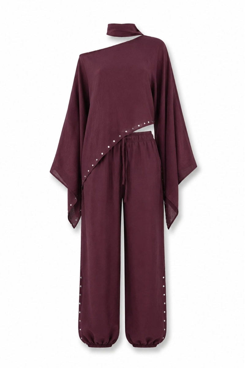 Mürdüm Taşlı Pelerin Bluz Pantolon Takım 