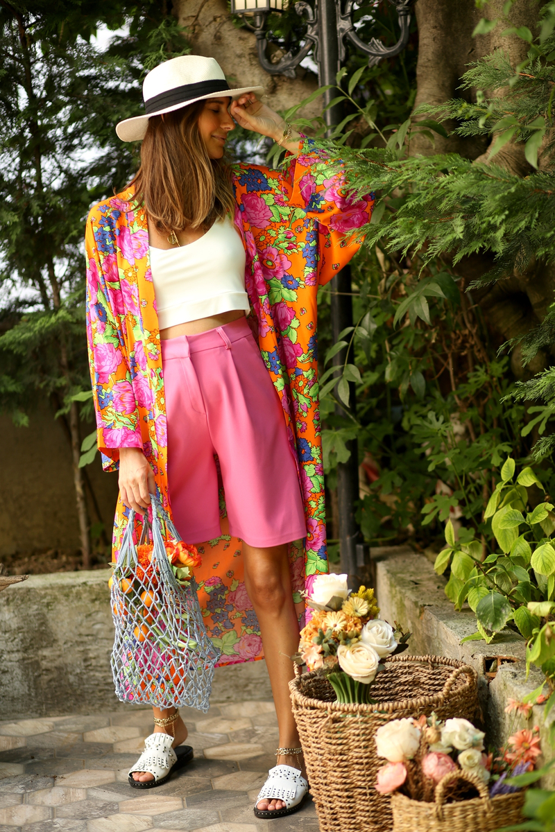 Oranj Kendinden Desenli Kimono 