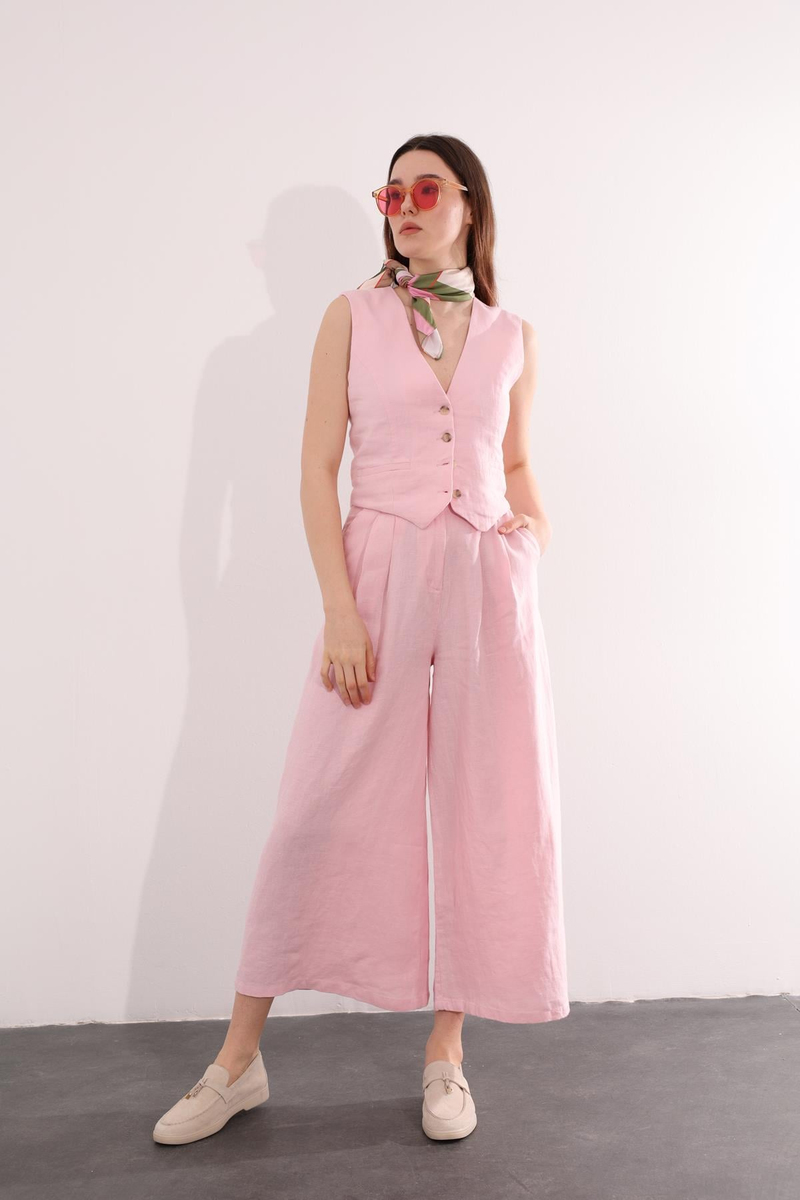 Pembe Bol Paça Keten Pantolon 1563