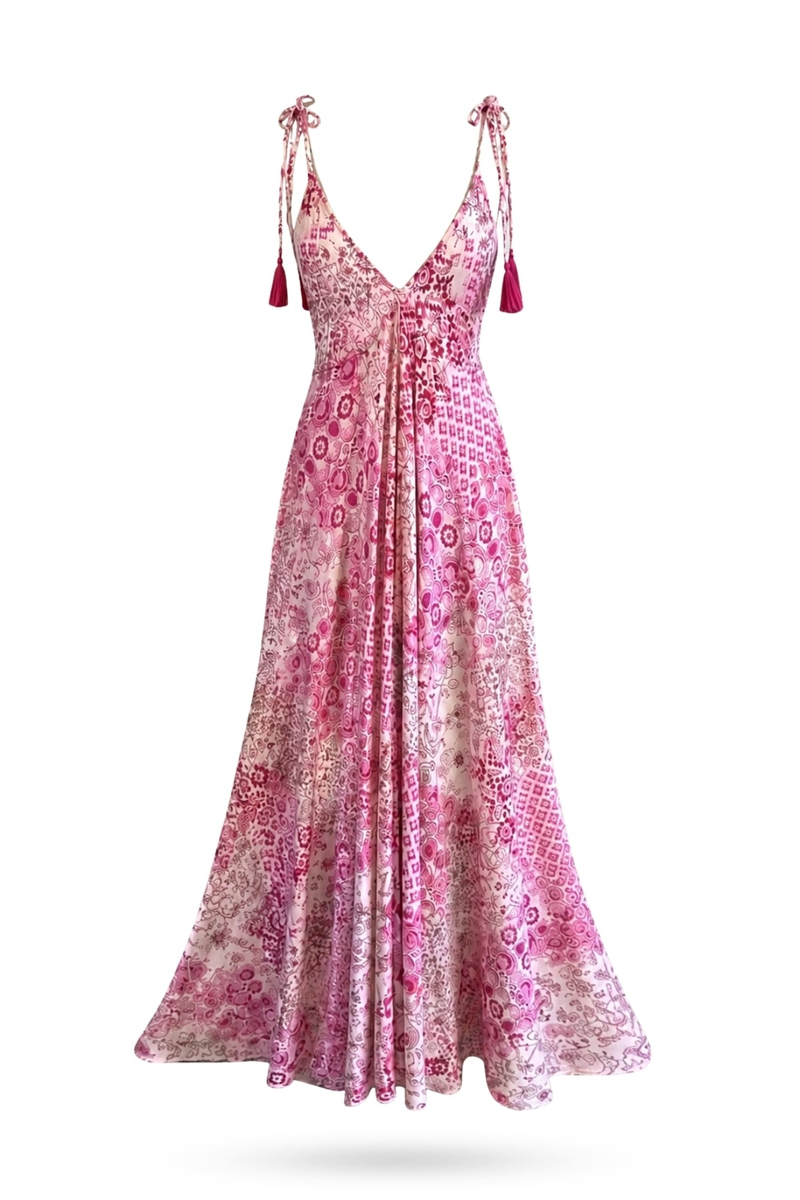 Pembe Çiçek Desenli Maxi Elbise 