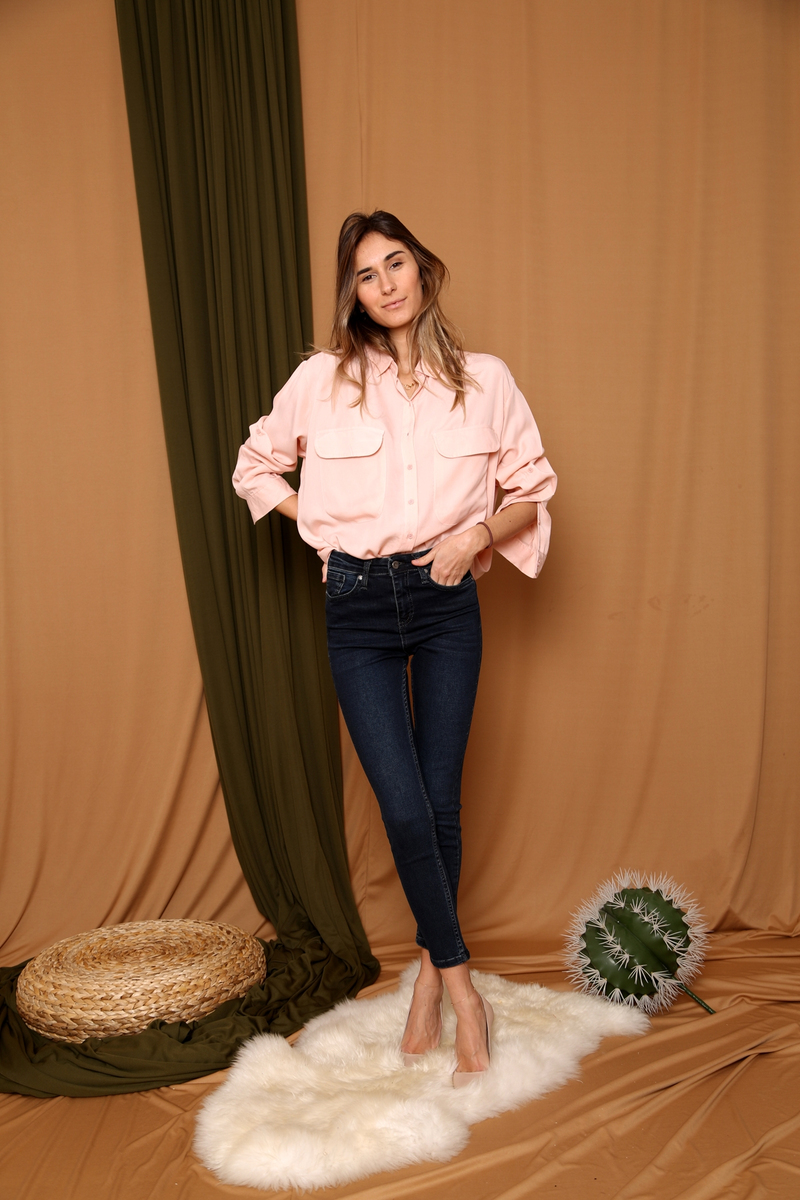 Pembe Çift Cep Oversize Gömlek