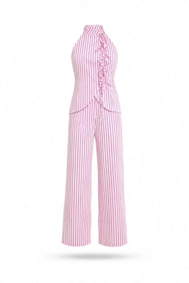 Pembe Çizgili Yelek Pantolon Takım 