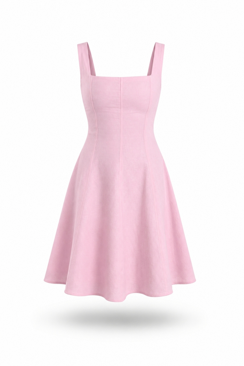 Pembe Kare Yaka Mini Elbise 05226