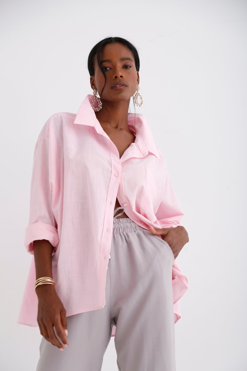 Pembe Oversize Cepli Gömlek 0970