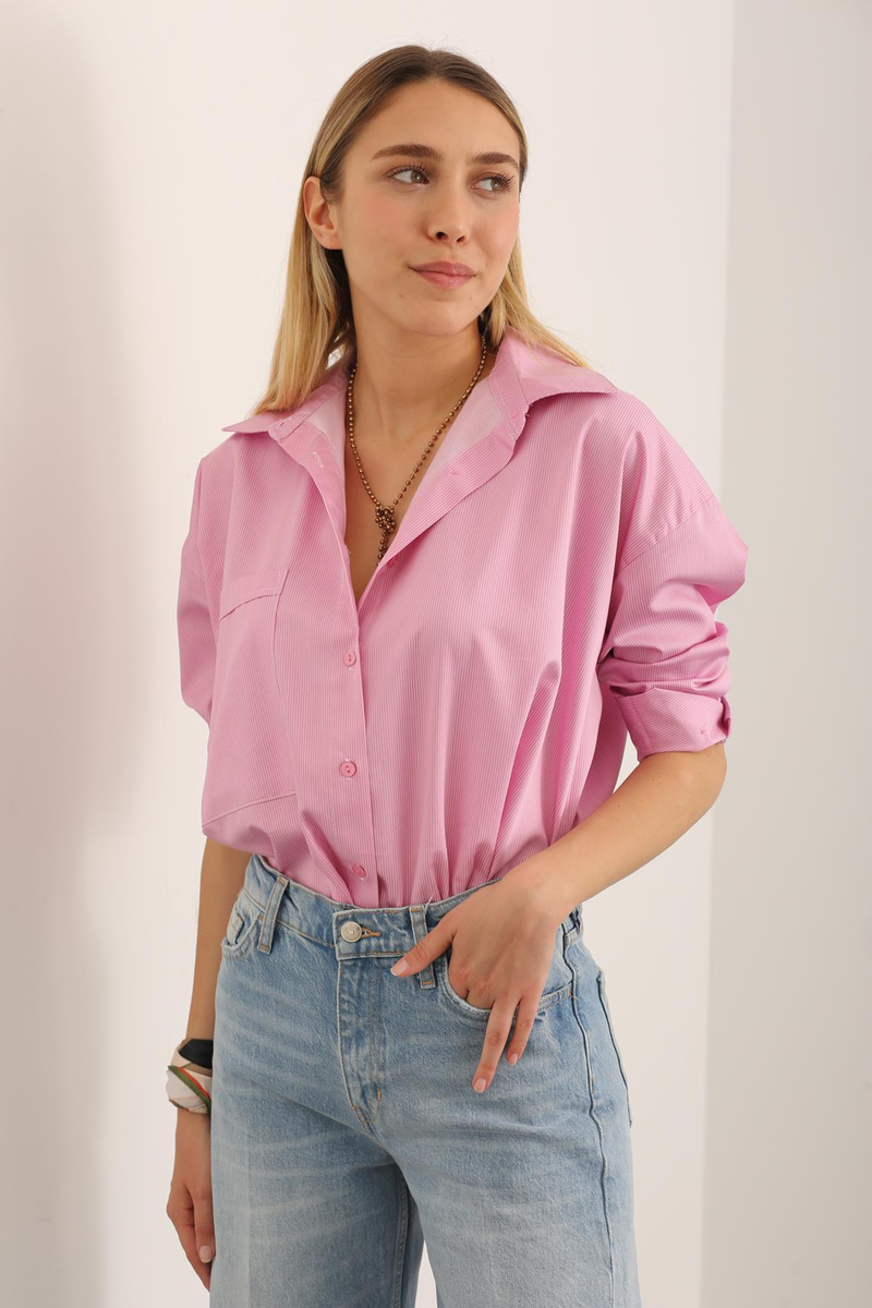 Pembe Tek Cepli Oversize Gömlek 2297
